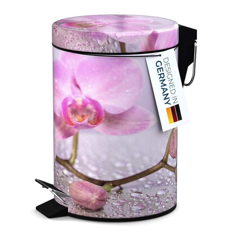 Sanilo Small Bathroom Trash Can with Lid [1.3 Gallon] - Lidded Tiny Trashcan for Garbage - Mini Metal Bin with Soft Closing Mechanism - Bath Room Accessoire Wastebin with Inner Bucket (Blooming) - Image 2